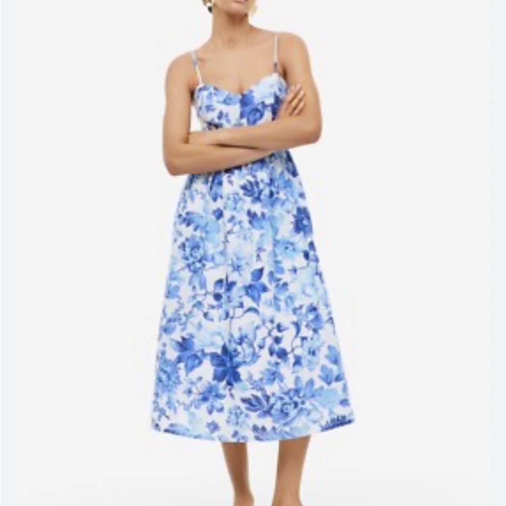 H&M Linen Bandea Fit Flare Floral Midi Dress Women L Navy White New Straps Beach